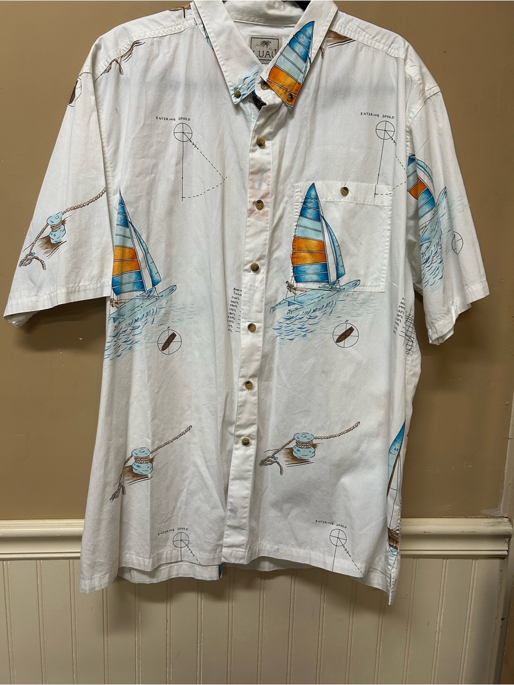 Luau Mens Button Up Shirt White Sailing Print Size XL